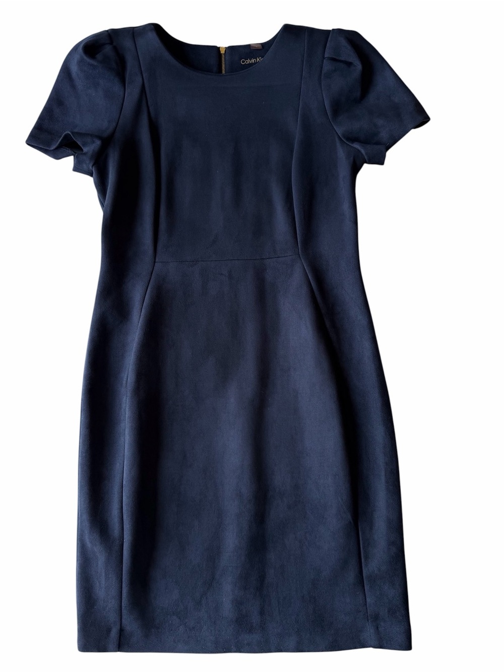 Calvin Klein Navy Short-Sleeve Midi Sheath Dress with Puff Shoulders